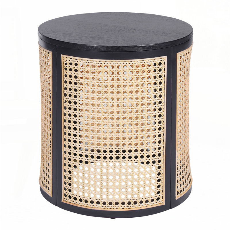 15.70" Round Rattan Woven End Table, Black/Natural
