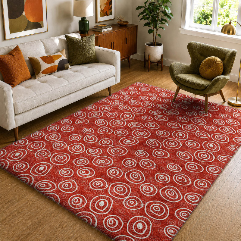 Tapis Dream Shag ADS728 à cercles, lavable à la machine de qualité supérieure, Red, 10' x 14'