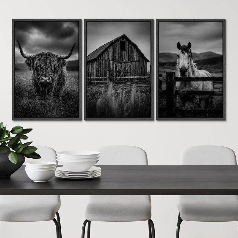 Noir et blanc ferme grange Highland Cow Horse campagne campagne paysage Western rustic Farmhouse Wall Art Decor encadré sur toile 3 pièces
