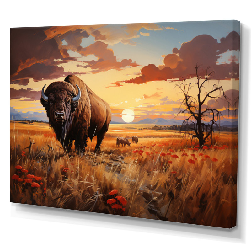 Native American Art Bison Prairies I Framed On Canvas Print, Toile tendue, H 24 po x l 32 po x P 1 po