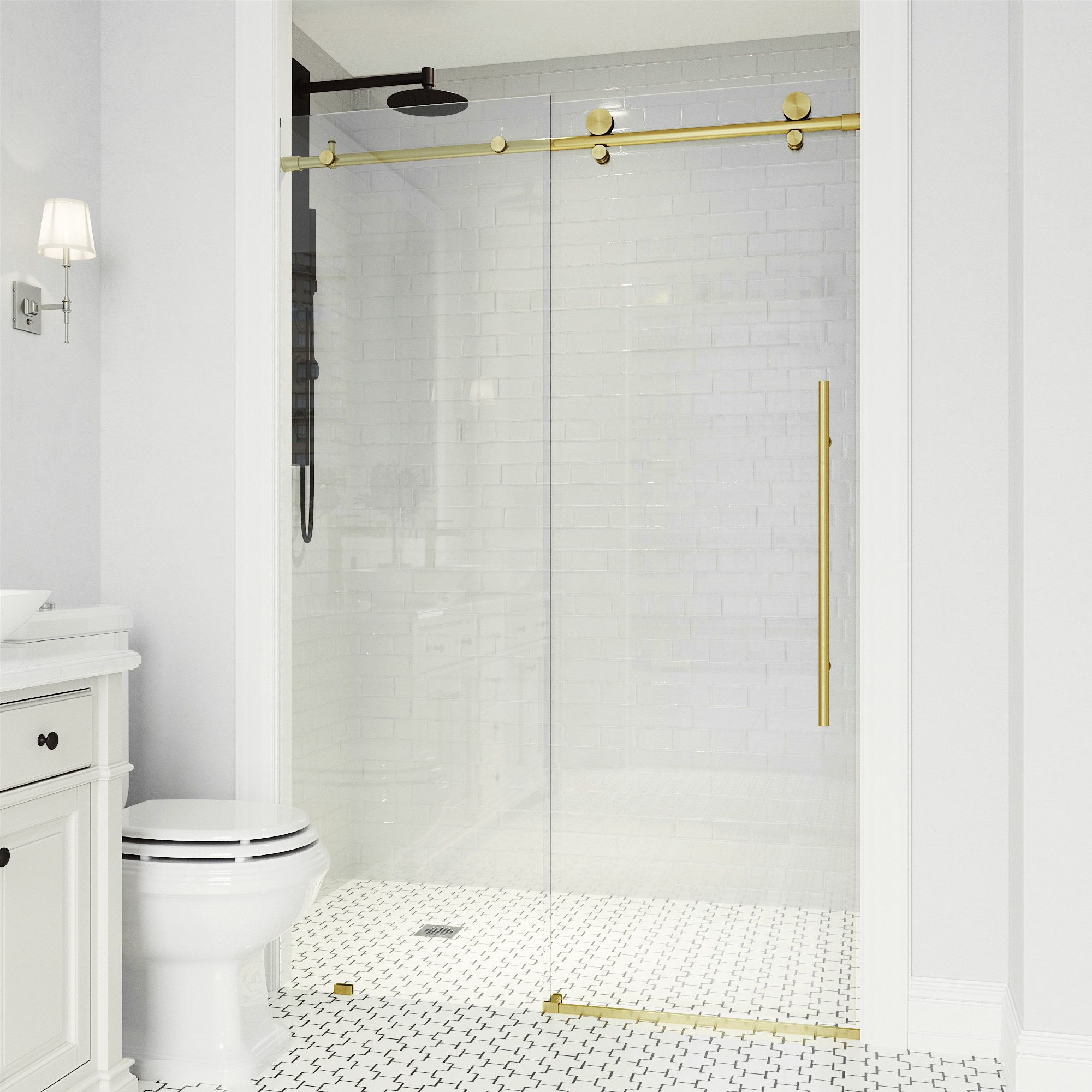 Elan E-Class 52-56" W x 76" H Sliding Frameless Shower Door with 3/8" Clear Glass, Matte Brushed Gold