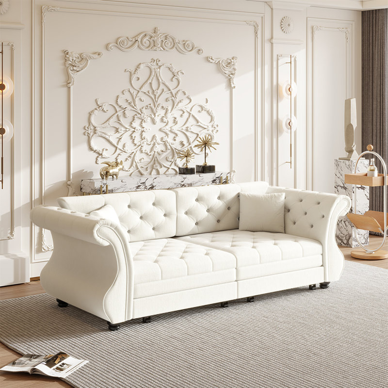 Canapé-lit Chesterfield surdimensionné de 83,8 po, H 34,6 po x l 83,8 po x P 32,7 po, Blanc beige