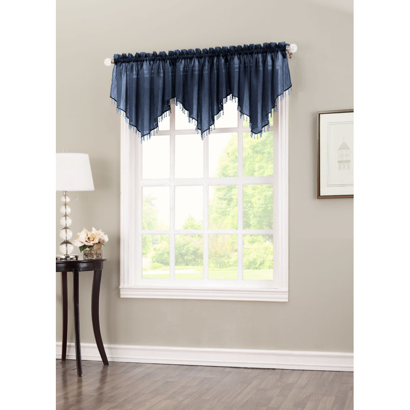 Mardis Beaded Tassels Crushed Sheer Voile Ascot Window Valance, Navy