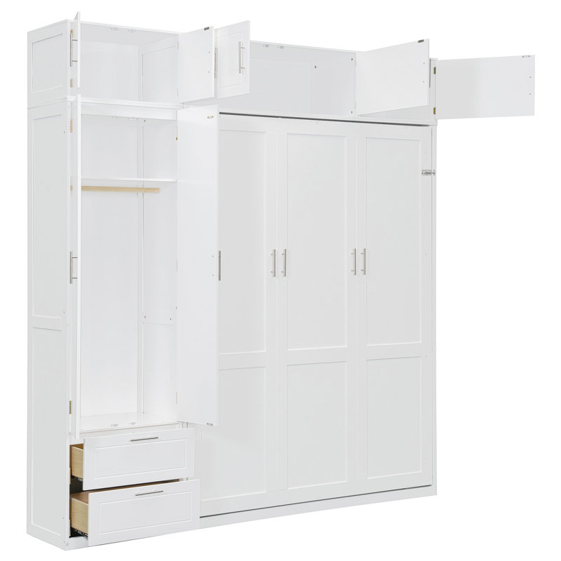 Grand lit mural avec armoire supérieure, tablettes, garde-robe et tiroirs - pliable pour économiser de l'espace en blanc, idéal pour les petits appartements, avec des lattes flexibles, des tiroirs de sommeil confortables, des espaces de vie
