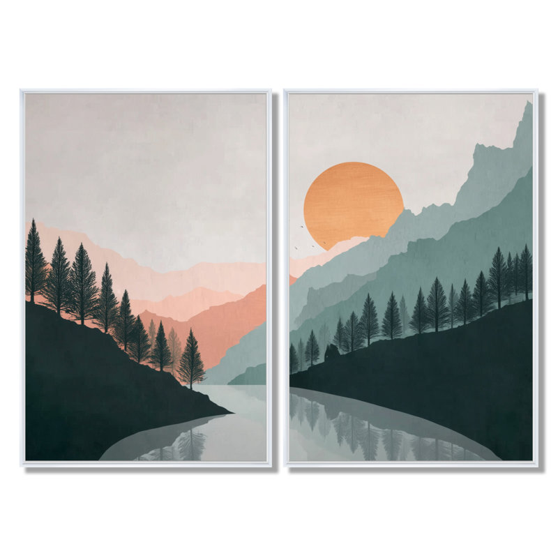 Été coucher de soleil dans les montagnes - art mural côtier, impression sur toile jaune 2 pièces, H 36 po x l 48 po, Blanc
