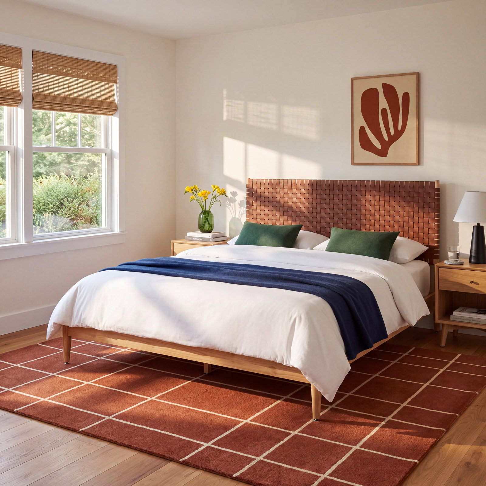 Tamita Genuine Leather and Oak Bed, King, White/Natural