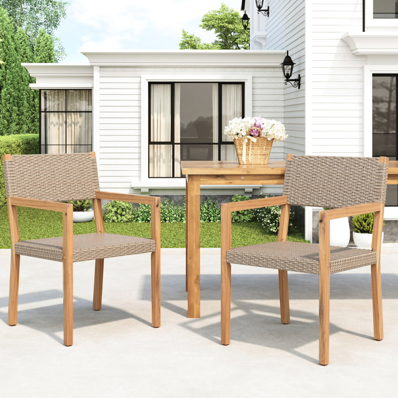2 chaises de salle à manger d'extérieur, bois, multicolore, sièges protégés