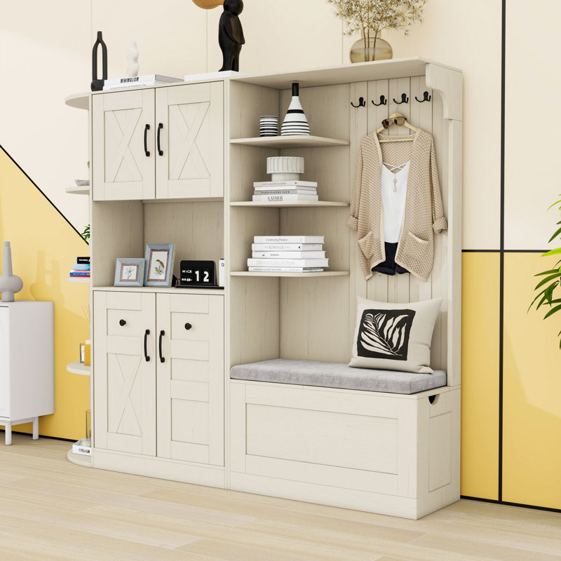 Storage Cabinet and Hall Tree Combination, with Hooks, Storage Cabinet, Open Shelves and Shoe Bench, Beige