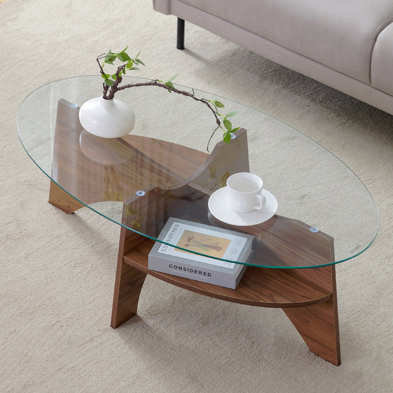 Oval Tempered Glass Coffee Table - 41.3"x23.6" Multi-Functional Design.Oval Tabletop.Walnut Wood Color Diagonal fan-shaped tray design Table Leg.Suitable for dining rooms, living rooms, offices.