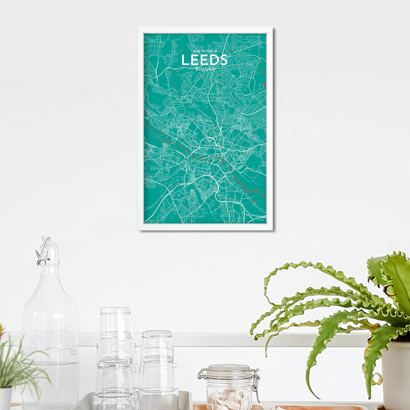 Carte de la ville de Leeds, impression, Vert / brun, H 17 po x l 11 po