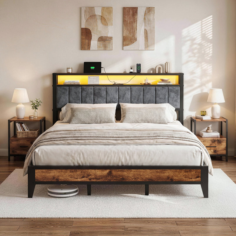 Cradere King Size Bed Frame with Headboard, Upholstered Platform Bed with Storage Shelves and Charging Station, King