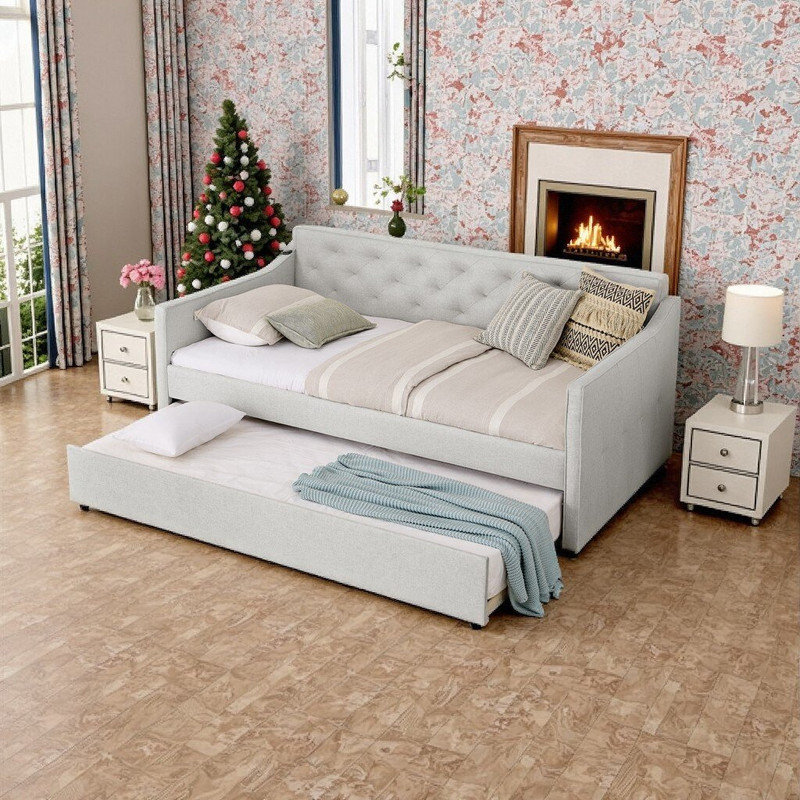 Twin Size Upholstered Daybed With Pop-Up Trundle USB Charging Plywood & MDF Frame, Beige