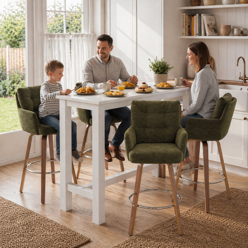 Swivel Upholstered Bar Stool with Solid Wood Frame, Green