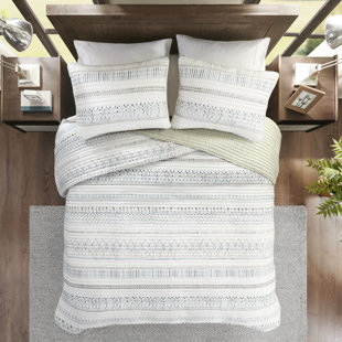 Ensemble de courtepointe 3 pièces en microfibre taupe / bleu en seersucker, avec courtepointe Channel Design, taupe / bleu, literie