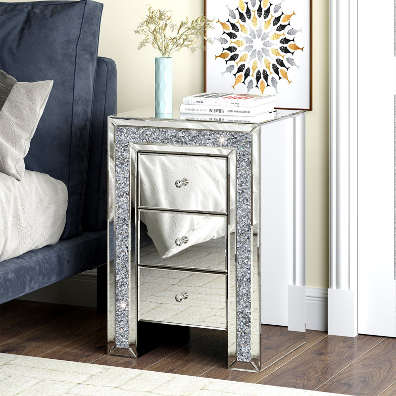 Jasmic Mirrored Glass Bedside Table 3 Drawer Crushed Diamond Home Decor