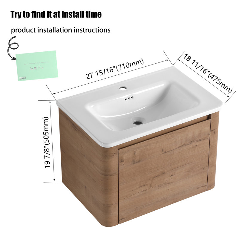 Meuble-lavabo mural flottant avec plateau en céramique, 28"