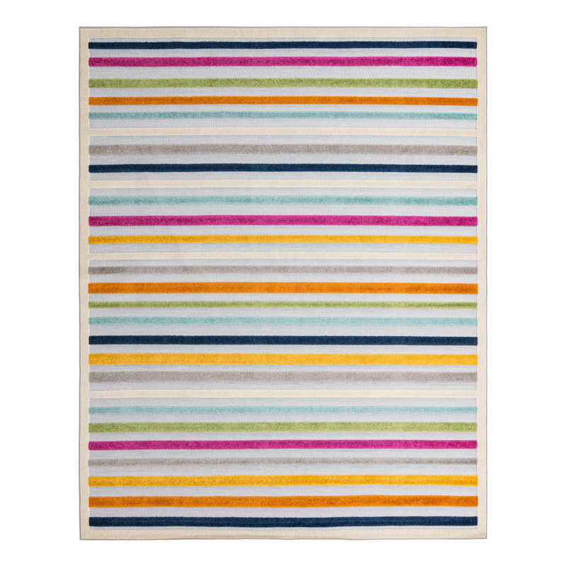 Tapis rayé gris / bleu intérieur / extérieur, Rectangle 9 pi x 12 pi