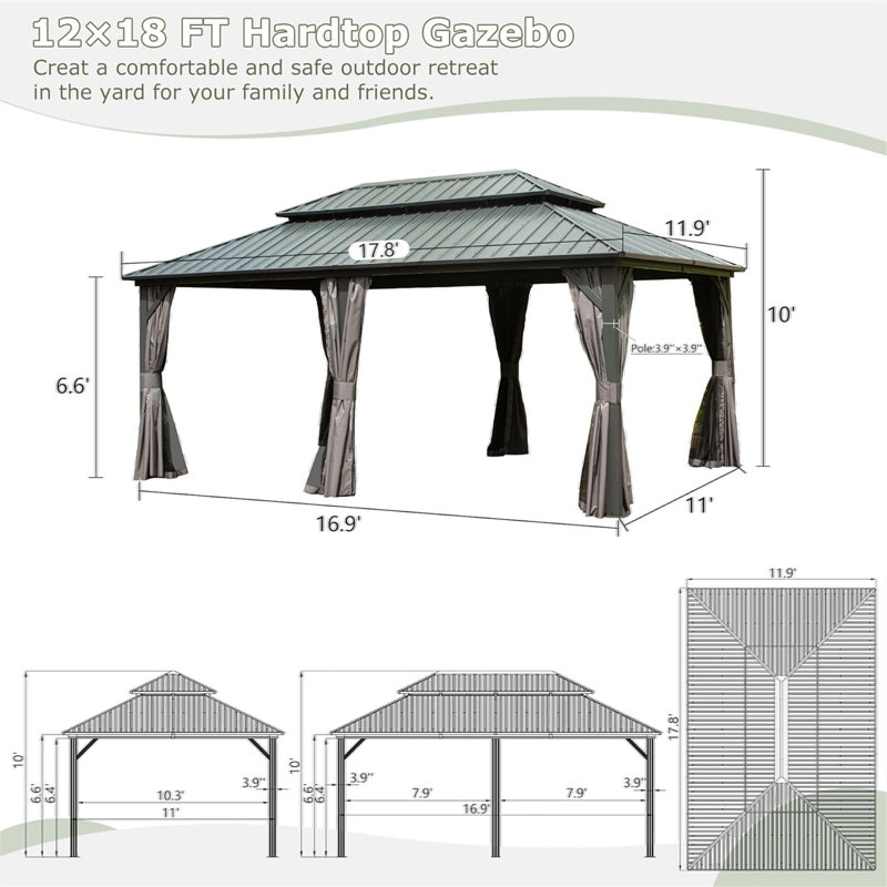 Aluminum Metal Gazebo With Galvanized Steel Double Roof Canopy, Gray