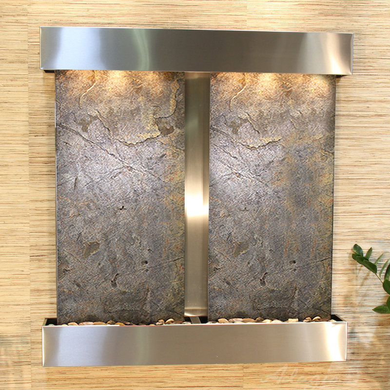 Aspen Falls Wall Fountain with Light, Stainless Steel, Green Feather
