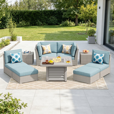 Baecher 6 - Person Wicker / Rattan Outdoor Sectional Seating Group ( Fully Assembled ) with Cushions & Pillows and Aluminum Fire Pit Table