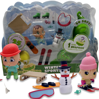 Pea Pod Babies: Sports d'hiver - ensemble de jeu de 27 pièces, poupée de collection miniature Surprise, accessoires sur le thème de la neige, certificat de naissance, jouets pour enfants 3+