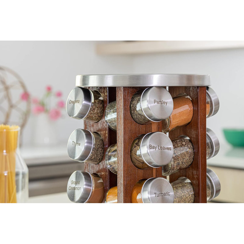 20 Jar Dark Wood Spice Rack with Spices Included Rotating Tower Organizer