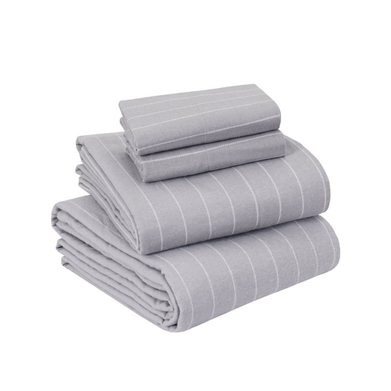 Colyt 100% Cotton Flannel Sheet Set, King Sheet Case Pack+Fitted Sheet + 2 Pillowcase, Grey Pin Stripe