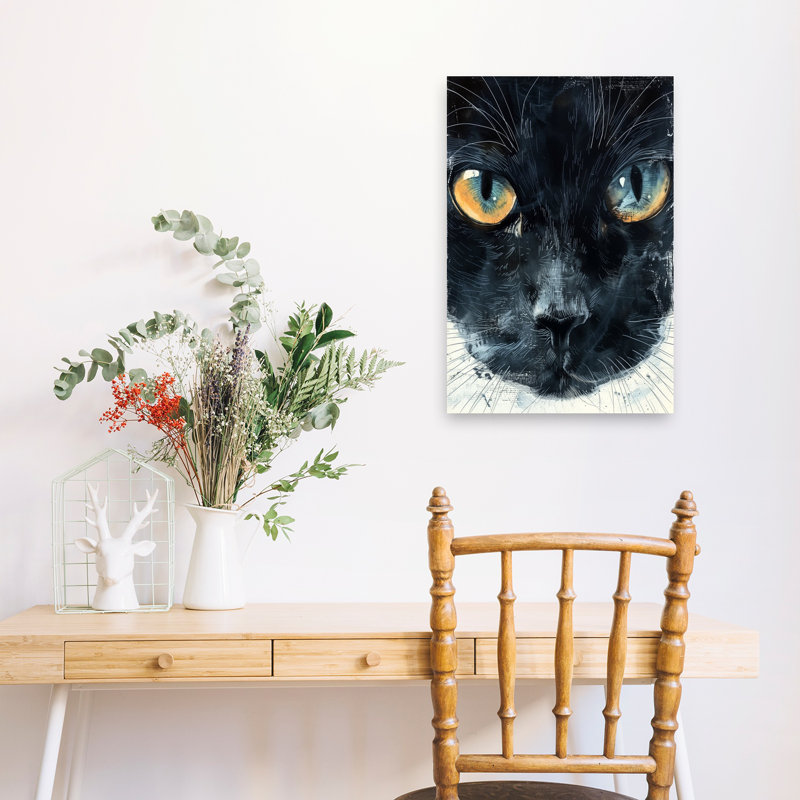 Chat noir captivant, art mural contemporain, H 36 po x l 24 po