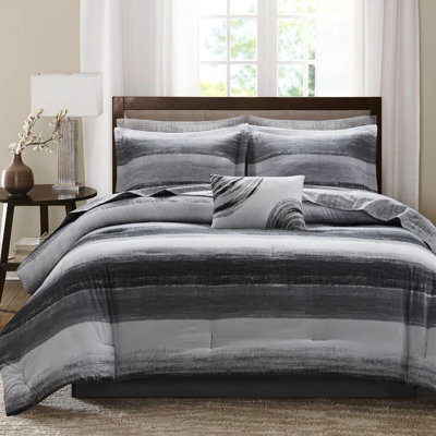 Édredon 9 pièces pour grand lit noir, édredon en microfibre à rayures aquarelles, draps en coton, taies décoratives assorties, coussin décoratif brodé, jupe, fraîcheur et durabilité avec motif noir,