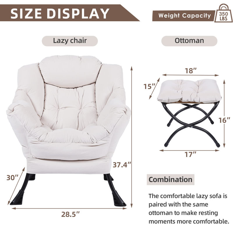 Cyntha 28.5" Wide Lounge Chair and Ottoman, Beige Velvet