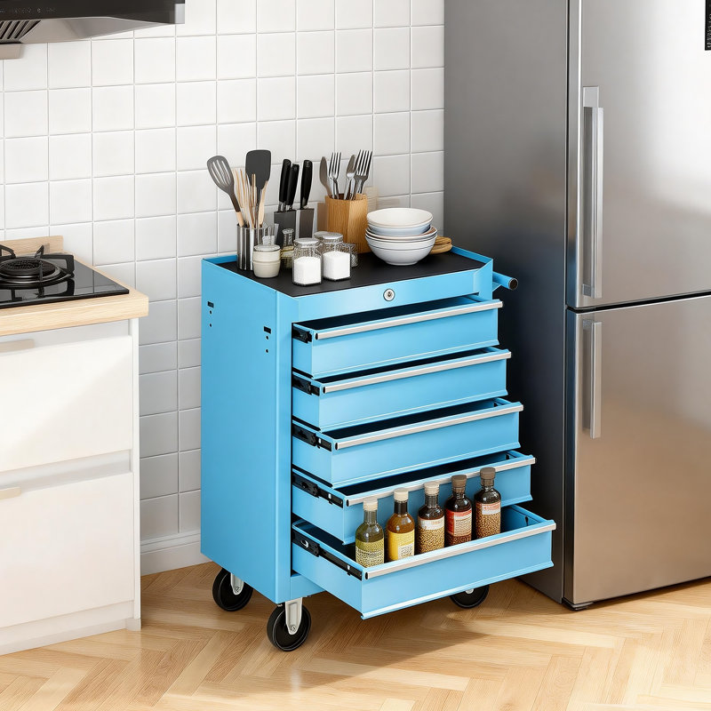 5-Drawer Rolling Tool Chest With Lock, Tool Cart Storage Cabinet Organizer With Wheels and Handle, Blue