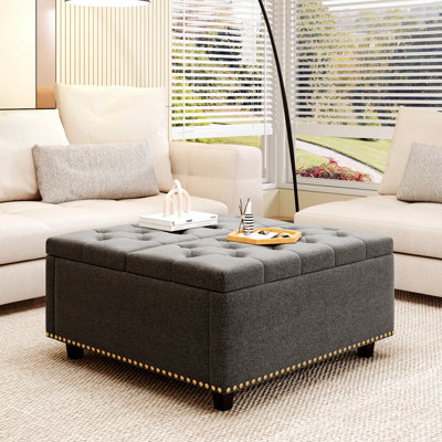 Large Square Storage Stool With Two Storage Doors, Footstool For Living Room Mid-Century Modern Coffee Table With Nailhead Inlay