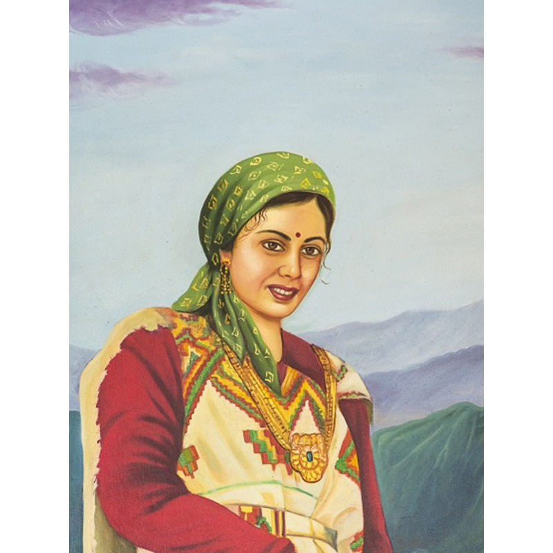 Demoiselle Kullu avec ses moutons | Huile sur toile | Par Dinesh Attry | Avec cadre