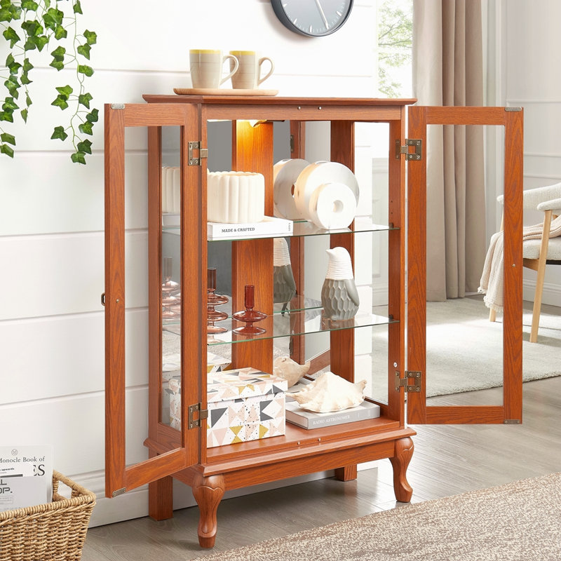 2 Doors Curio Cabinet With Tempered Glass Doors, Curio Cabinets With Mirrored Back Panel And Adjustable Shelves, Lighted Display Cabinet For Home, Office Light Bulb Included