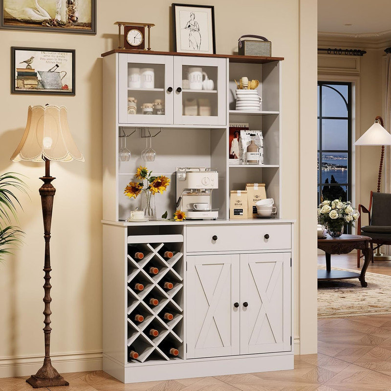 Coffee Bar Cabinet with Power Outlet, Wine Rack & Barn Doors, Sideboard Storage for Kitchen, White