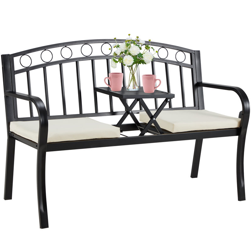 Black Metal 2-Seat Outdoor Bench with Pullout Table and Cushions