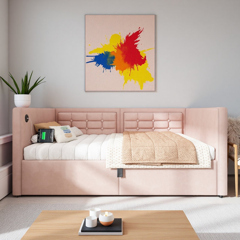 Lit de jour moderne capitonné capitonné avec chargement USB et Type-C, Rose