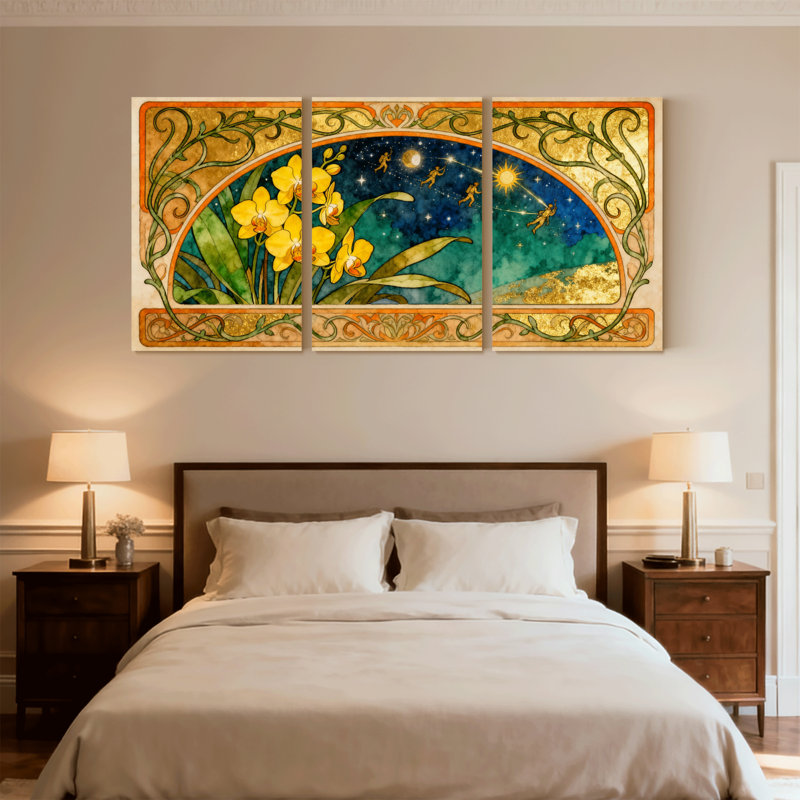 Fantaisie et science-fiction orchidée ciel étoilé, ensemble de 3 impressions sur toile, H 18 po x l 36 po