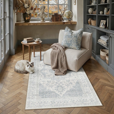 Tapis bleu Artisanal rétro lavable à la machine et antidérapant