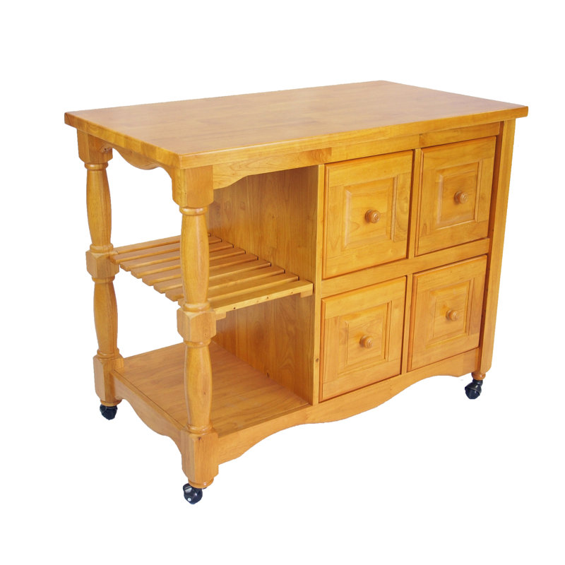 Liudger Solid Wood Kitchen Cart with Push-Through Drawers, Storage Shelves, and Rolling Casters - Light Oak