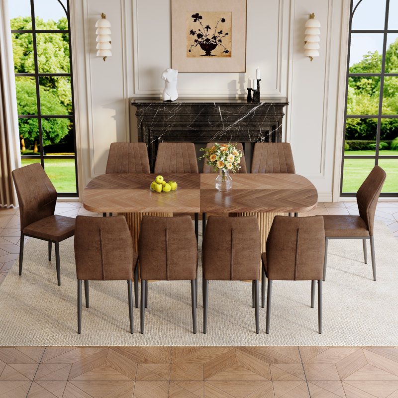 Ensemble de table de salle à manger Welles, 11 Pieces: Table, 10 Chairs, Natural Wood, Walnut
