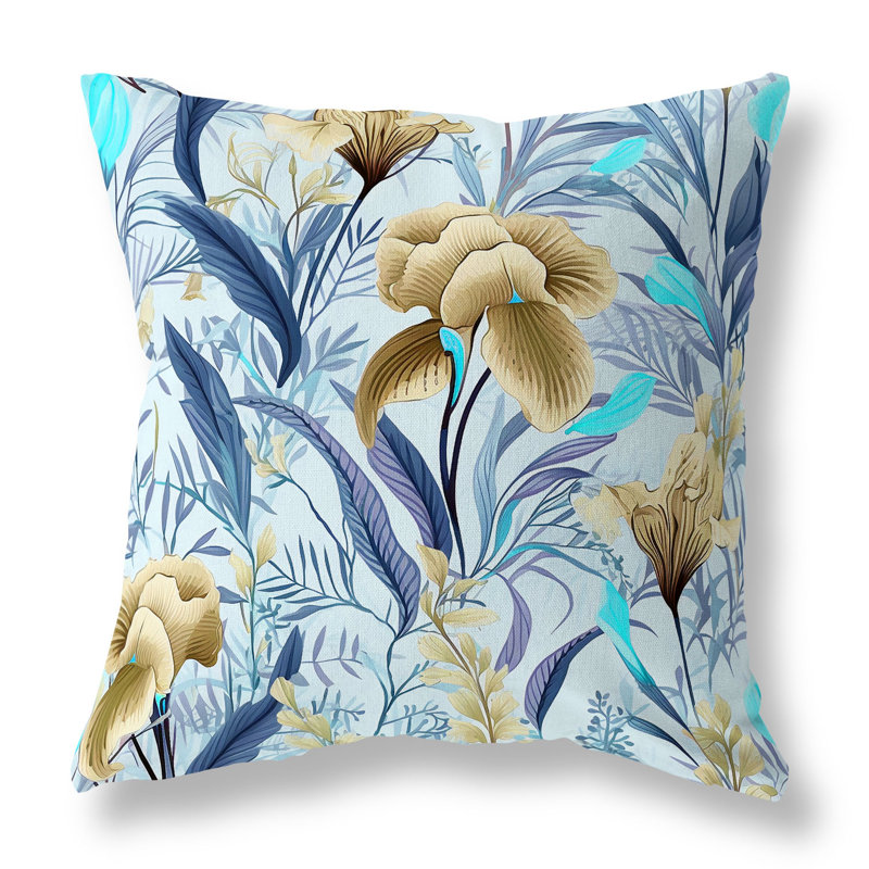 Oreiller réversible intérieur / extérieur Breezy Buds, Bleu / floral beige, H 16 po x l 16 po
