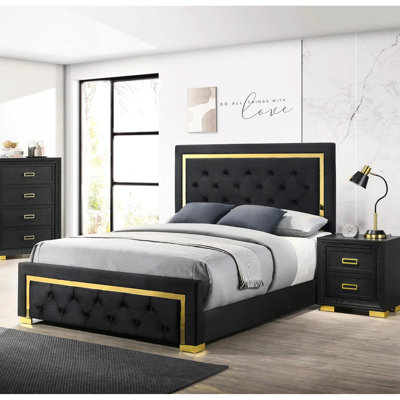 Modern Queen Bed In Black Fabric With Golden Ornaments And Support Upholstered Elegant Gold Headboard