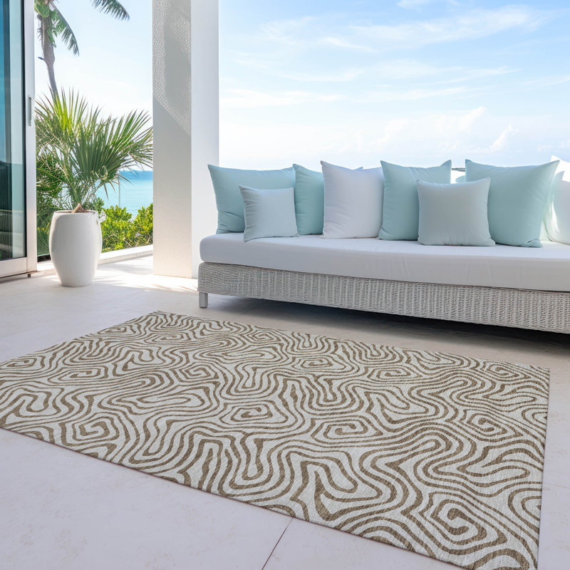 Beige and Brown Swirl Pattern Washable Synthetic Rug 5' x 7'