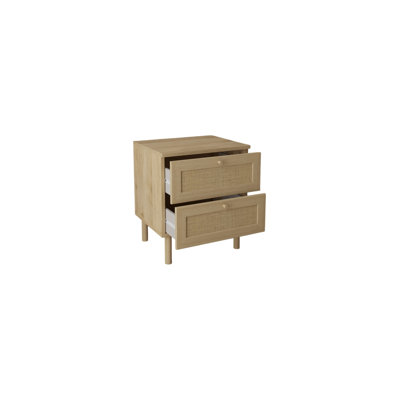 Table de chevet à 2 tiroirs Coastal Rattan avec pieds en bois tourné, chêne naturel
