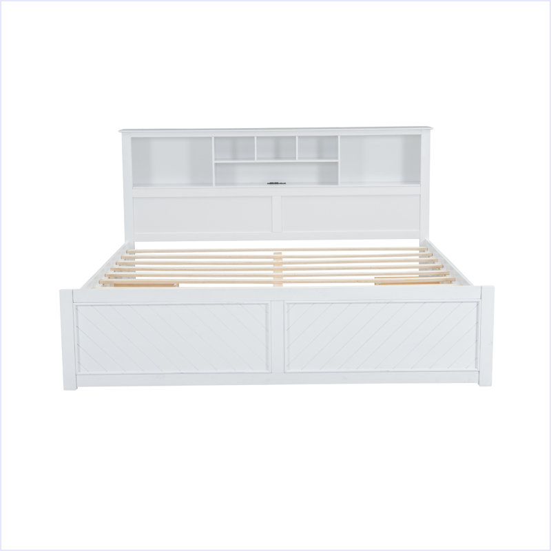 Lit plateforme très grand en bois avec tête de lit multi-rangement, USB et tiroirs, Blanc