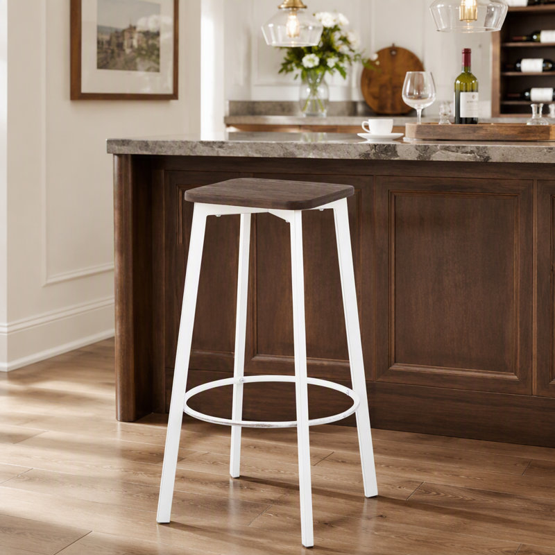 Tabouret de bar carré en métal blanc rétro et bambou grain de bois pressé espresso - ensemble de 2