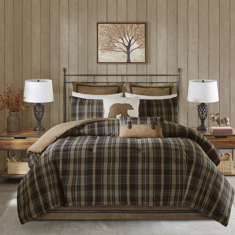 Queen Brown Microfiber Down Alternative Comforter Set with Plaid Design