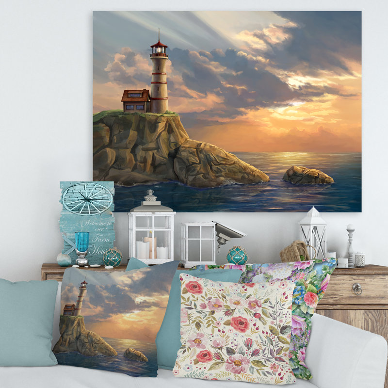Phare sur une falaise côtière au coucher du soleil - Impression sur toile, H 12 po x l 20 po x p 1 po, Toile tendue