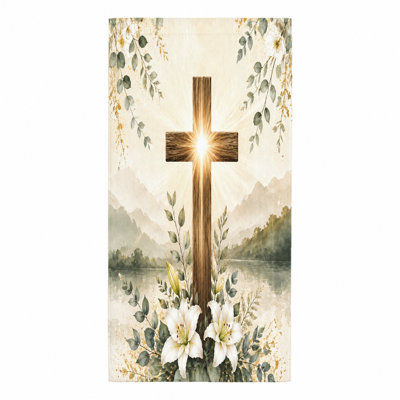 1Pcs Spiritual Cross Beach Towel, featuring a rustic wooden with glowing light, surrounded by delicate white lilies and lush greenery, against serene watercolor landscape of mountains lake. Large absorbent microfiber, perfect for